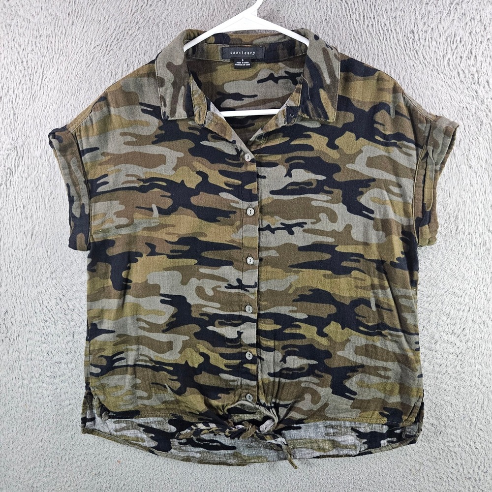 Sanctuary Womens Camo Tie Front Button Down Shirt Green Camouflage Size S
